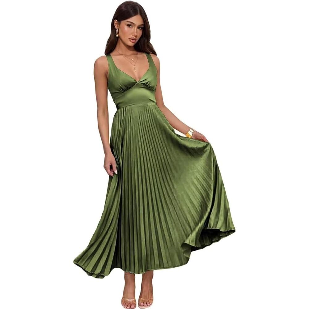 Satin Pleated Elegant Formal Dress Maxi Formal Wedding Bridesmaid Green Size 2